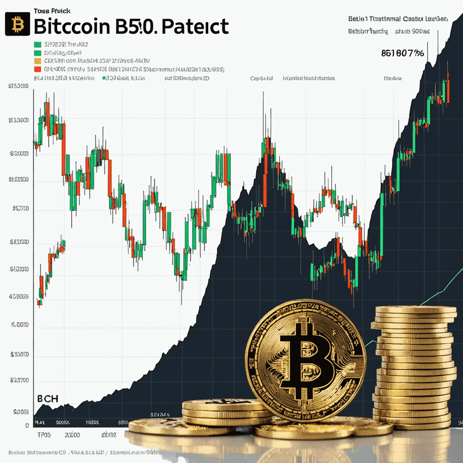 A line chart showing Bitcoin's price surge past $50,000, with clear upward trend and key resistance levels marked