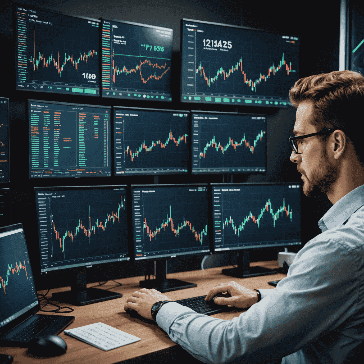 A professional trader analyzing multiple screens showing cryptocurrency charts and exchange rates. The image conveys a sense of expertise and advanced technology in crypto trading.