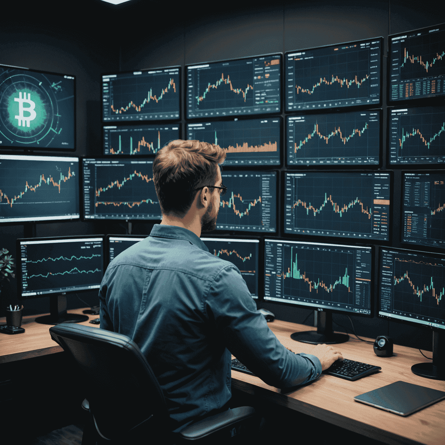 A professional trader analyzing multiple screens showing various cryptocurrency charts and data