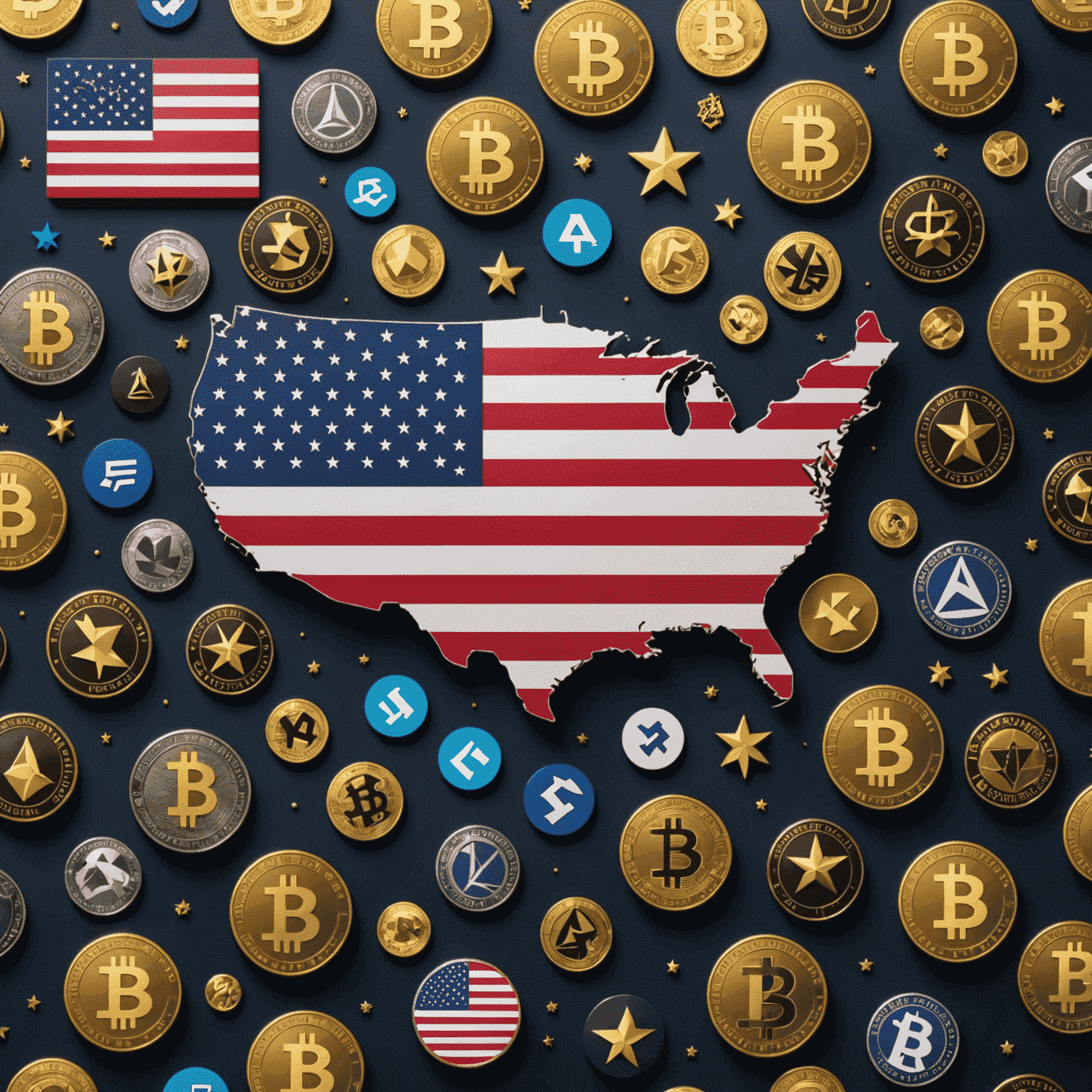 An image depicting the USA flag with overlaid icons representing various regulatory bodies and cryptocurrency symbols, illustrating the complex relationship between US regulations and crypto trading