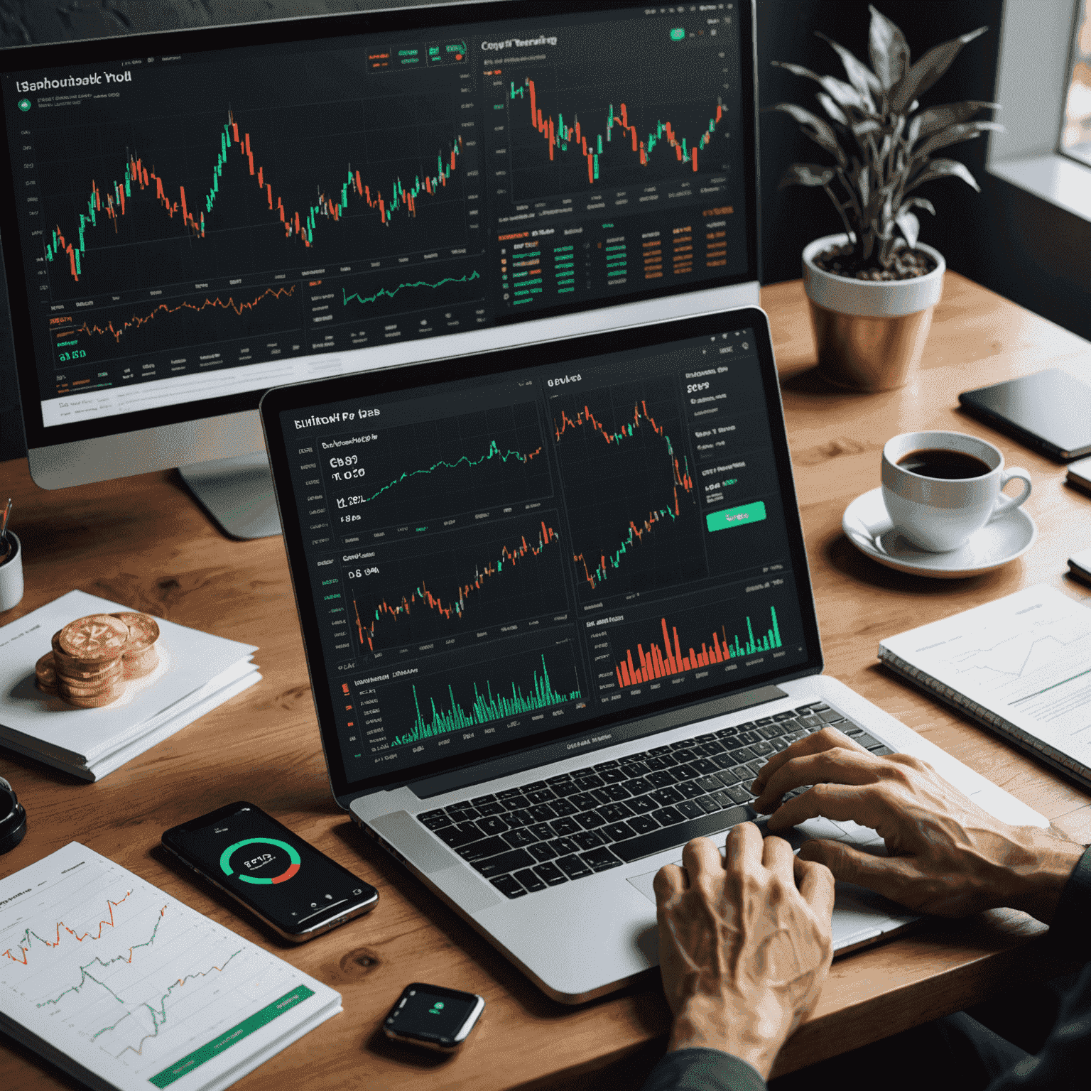 A mockup of a sophisticated crypto trading platform interface with multiple charts, order books, and advanced trading tools, showcasing the latest trends in trading technology